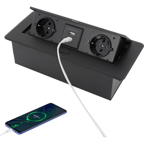 250V 2500W Multiprise encastrable, prise escamotable encastrable de table, noire, pour bureau à domicile, avec port USB DC 5V 2.1A, Luminaire (1/5)