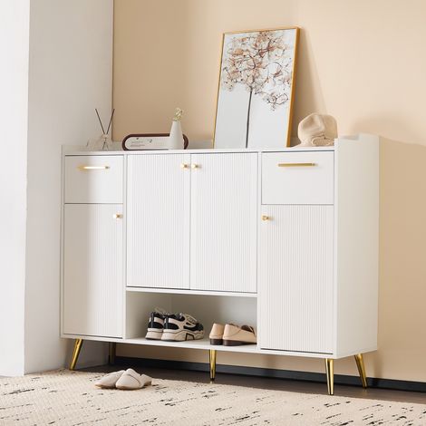 Mobile per scarpe 130 cm, con 4 porte, 3 cassetti di stoccaggio, mensole, maniglie in metallo, per fino a 12 paia di scarpe - Bianco