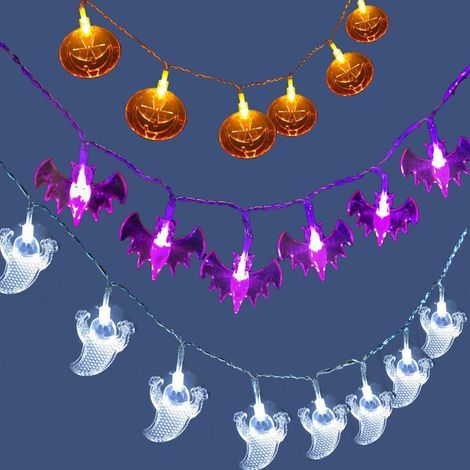 Ensemble de 3 guirlandes lumineuses Halloween 3 m - 20 LED, décorations citrouille orange, chauve-souris violette et fantôme blanc pour fête d'Halloween (1/5)