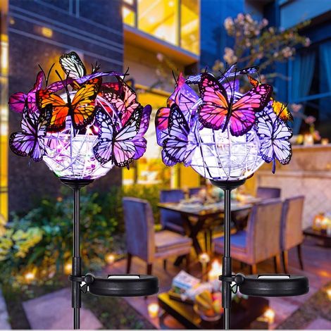 2 lampes solaires à piquet décor 18 papillons fleurs étanches, éclairage LED chaud pour pelouse terrasse et jardin (1/5)