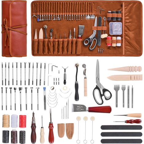 VEVOR Kit di Utensili per Lavorazione della Pelle, 72 Pezzi, Utensili per lArtigianato della Pelle con Borsa Portaoggetti Portatile, per Incisione, Punzonatura, Cucito, Timbratura e Levigatura (1/5)