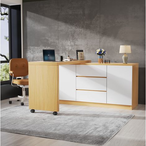 MEUBLIV Bureau 120x50x76,5 cm blanc/chêne – plateau pivotant, 2 portes, 3 tiroirs (1/5)