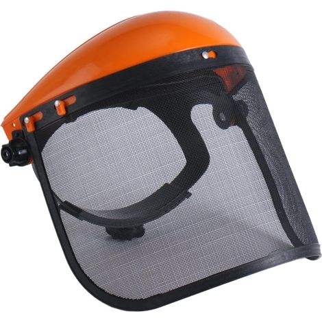 Kettensägenschutz mit Metallgitter-Visier. Gute Belüftung. Langlebiges, verstellbares Kopfband. Leicht für Arbeiten im Freien, orange