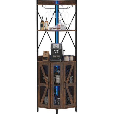 Buffet Bar à Vin d'Angle Industriel 5 Niveaux avec Portes en Verre et Éclairage LED,marron (1/5)