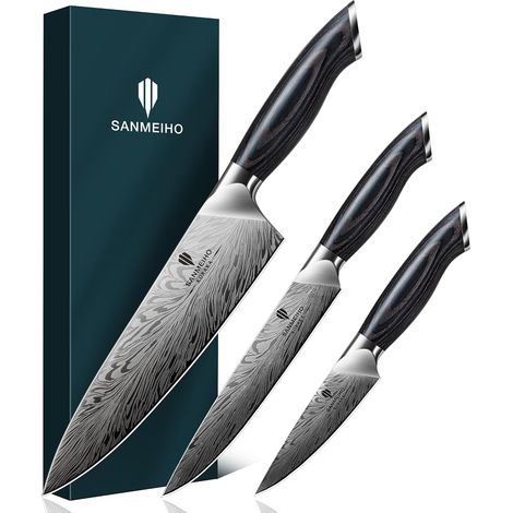 Set de Couteaux de Cuisine Japonais 3 Pièces Acier en Poudre Set Couteaux de Chef, Universel et Office Ultra Tranchants, Manche Ergonomique en Bois Haute Dureté (1/5)