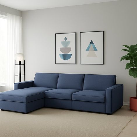 Talamo Italia - Divano fisso con penisola Sodalite, Sofà Soggiorno ad angolo con penisola contenitore Sinistra, Braccioli slim, 100% Made in Italy, Cm 260x95h90, Blu (1/5)