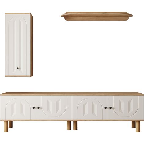 Ensemble mural TV 3 pièces avec panneaux sculptés en blanc et bois (1/5)