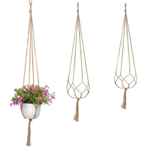 Sollbry Lot de 3 suspensions en macramé de 90 cm, 100 cm, 120 cm avec crochet, en corde de jute, pot de fleurs à suspendre avec pompon, panier suspendu d'intérieur pour plantes d'intérieur (1/5)