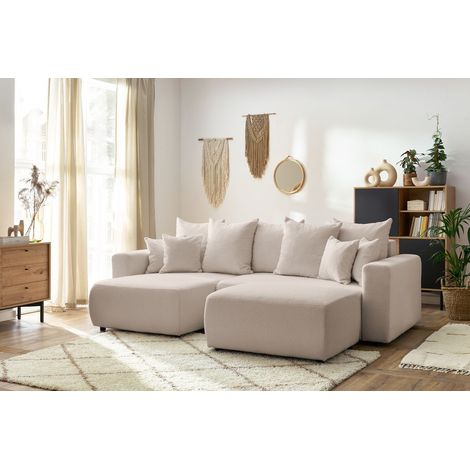 BOBOCHIC - Canapé d'angle réversible convertible coffre ENVY tissu bouclette doux avec pouf rectangulaire   Beige (1/5)