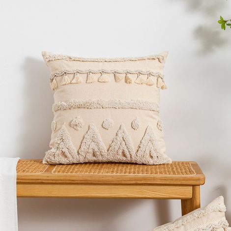 Taie d'oreiller décorative à pompons motif bohème, taie d'oreiller à pompons touffetés, taie d'oreiller blanc cassé, 4545cm (sans noyau) (1/5)