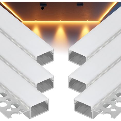 Profilé LED en aluminium - 6 x 1 m - Barre profilée pour cloison sèche - Diffuseurs LED encastrés avec couvercle blanc laiteux (bas d'un côté, pour bandes LED de 17 mm) (1/5)