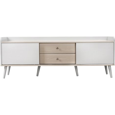 Mobile TV 160x40x58 cm bianco e legno in pannelli di particelle con 2 ante scorrevoli e 2 cassetti (1/5)