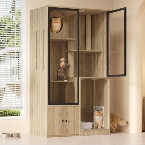 Maison pour chat 90x50x160 cm en MDF et verre naturel, multi-niveaux, sans bac – MEUBLIV (1/5)