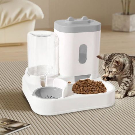 Distributeur automatique de croquettes avec 2 bols intégrés, 1L et 300 ml, pour chats et chiens, pratique et hygiénique pour (1/4)