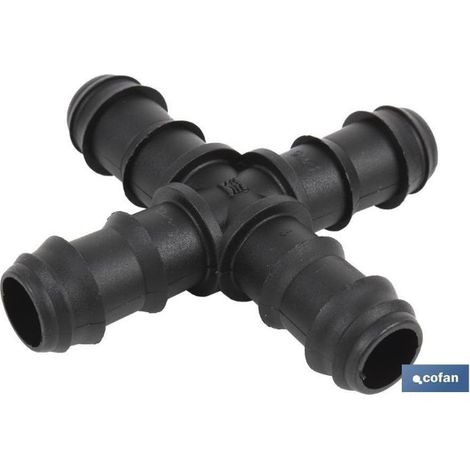 COFAN conexión cruz ø16mm   caja 50 unid. , Conector en cruz para riego por goteo ideal para agricultura y jardinería. Su diseño estriado permite su fácil montaje, sin necesidad de (1/4)