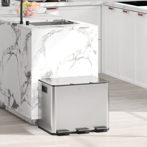 Poubelle cuisine inox 3 compartiments 3x10 L pédales couvercles doux seau amovible argenté (1/4)