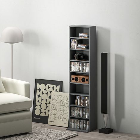 Meuble de rangement pour CD et DVD à 9 compartiments et 6 étagères réglables, capacité maximale 260 CD/120 DVD, 33 x 24 x 140 cm, gris (1/5)