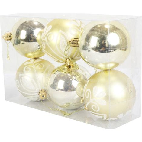 Set di 6 palline decorative in plastica color crema da 7 cm - Brillanti e opache con decorazioni glitterate (1/4)