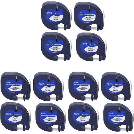 12 rouleaux de ruban d'étiquettes compatible, compatible avec le ruban d'étiquettes en plastique noir et blanc Dymo LetraTag, adapté aux imprimantes d'étiquettes LetraTag. (1/5)