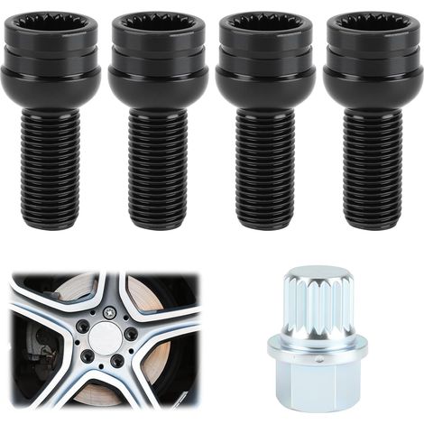 4pcs M141.5mm Ecrou Antivol Wheel Bolt Lock Set,Car Tyre Lock Screws with Key ,Black Boulon Antivol Roue Voiture (1/5)