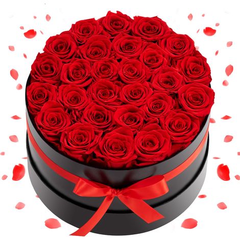 Rose Éternelle 27 Fleurs Éternelles Préservées Boîte Ronde, Bouquet de Roses Éternelles, Cadeau pour Elle, Femme, Épouse, Maman, Mamie, Sœur, Amie, Anniversaire, Saint-Valentin, Noël, Rouge (1/5)