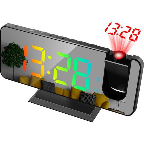 Réveil projecteur pour chambre, horloge numérique multicolore RGB avec surface miroir, 11 couleurs, projecteur à 180° au plafond (1/4)