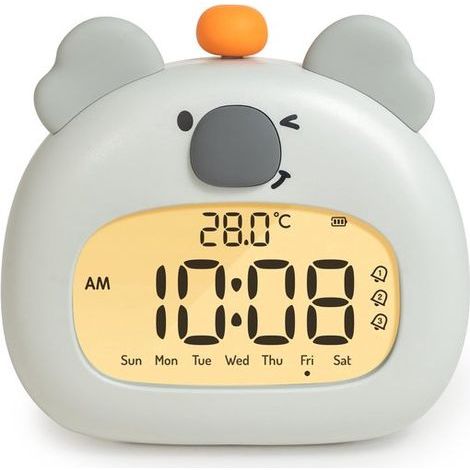 Koala-förmiger Kinderwecker mit Nachtlicht – 8 cm LED-Digitalanzeige, drei Weckzeiten und Datumsanzeige – 1 Stück – Kinderzimmerdekoration, grau (1/5)