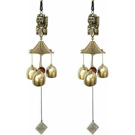 Lot de 2 carillons éoliens porte-bonheur décoration vintage cloches porte-bonheur chat suspendu pour l'école, le dîner pub, la réception, le jardin, marron, 9 x 6 x 6 (1/4)