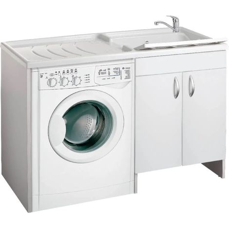 Lavatoio coprilavatrice a 2 ante in legno Bianco 124x60 e vasca in plastica DX