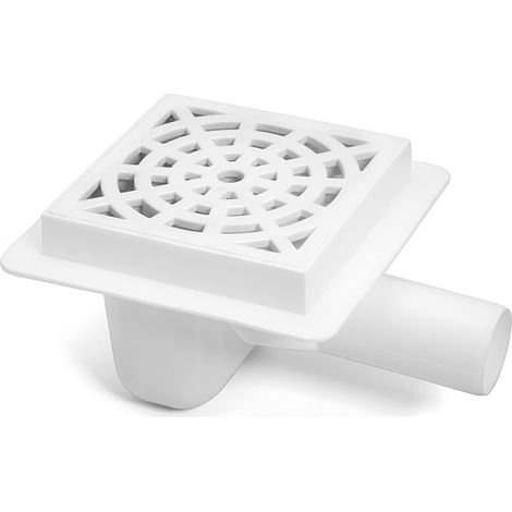 Rejilla de desagüe blanca para suelo de 150x150 mm, salida lateral de 50 mm. (1/4)