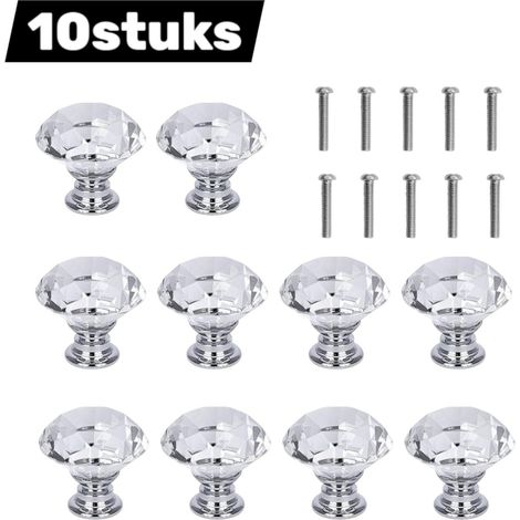 Lot de 10 poignées de meuble en cristal forme diamant diamètre 30 mm pour tiroirs placards buffets armoires et boîtes à bijoux couleur blanc transparent (1/5)