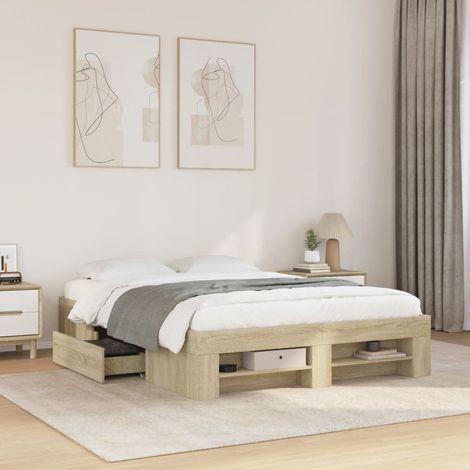 Cadre de Lit avec Sommier et Rangement - Bois d'Ingénierie Chêne Sonoma - 140x200 cm - Tiroirs et Compartiments Inclus (1/4)