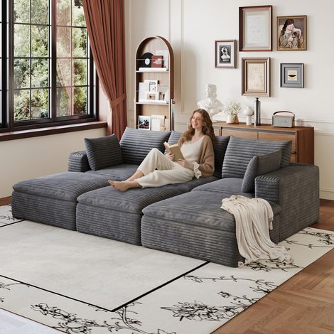 Canapé Cloud 260 cm en velours côtelé, double couche, housse amovible, sans montage – salon, chambre, bureau, appartement, gris foncé (1/4)