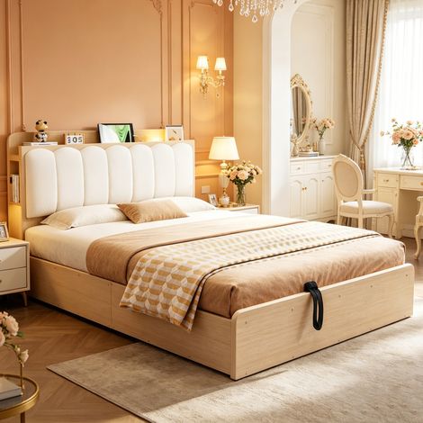 Lit double rembourré 140 x 200 cm avec rangements en tête de lit, port USB, veilleuse de lecture, bois, Couleur bois (1/5)