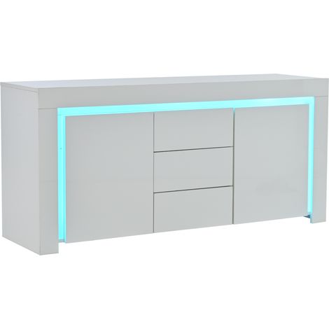 Credenza da soggiorno 140 x 40 x 65 cm bianca lucida con 2 ante, 3 cassetti e LED, in MDF (1/5)
