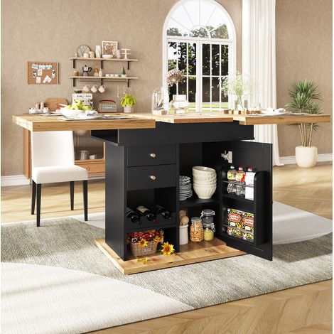 Mesa de comedor extensible 110-140x80x75 cm, con almacenamiento integrado, base reforzada, MDF, negro y natural (1/5)
