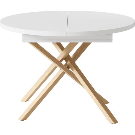 Tavolo da pranzo allungabile 100/140 x 100 cm bianco effetto legno con gambe incrociate (1/5)