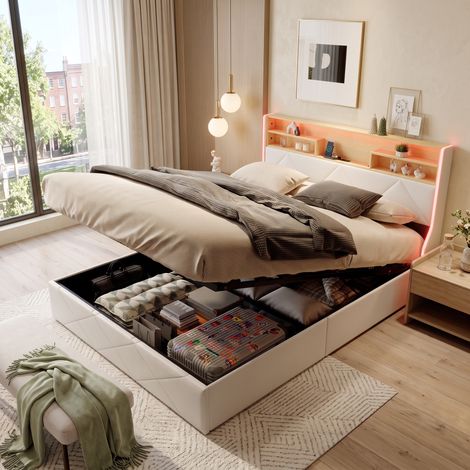 Superaly Lit hydraulique capitonné 160 x 200 cm, Lit double coffre, Rangement dans la tête de lit, Éclairage LED, Port USB, Chêne clair, Pour adulte et adolescent, PU, Blanc (1/5)