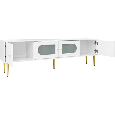 Meuble TV avec 4 Portes et 2 Passe-câbles, Charnières Silencieuses, pour Salon, en Panneau de Particules, Blanc 170×35×50 cm (1/5)