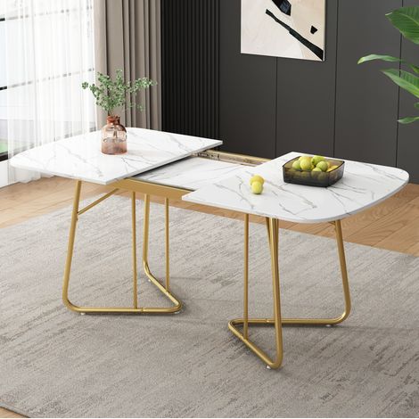 Mesa comedor extensible efecto mármol blanco dorada OKMYHOME (1/5)