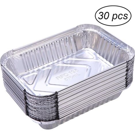Lot de 30 barquettes jetables en aluminium pour barbecue ou camping, idéales pour les grillades en extérieur. (1/4)