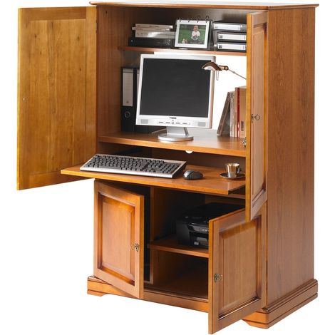Beaux Meubles Pas Chers – Armoire informatique merisier 4 portes – 7 niches – Largeur 97 cm – Hauteur 141 cm – Profondeur 54 cm – Étagères réglables pour matériel informatique et TV (1/5)