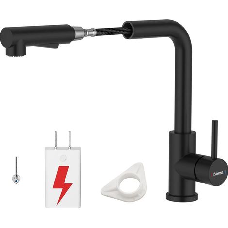 Robinet de cuisine basse pression noir - Robinet de cuisine extensible - 3 ports - 2 types de jet - Rotatif à 360° - En forme de L - Mitigeur basse pression pour chauffe-eau (1/5)
