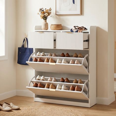 Meuble à chaussures bois, 80x24x110 cm, meuble d'entrée, armoire à chaussures, 2 tiroirs et 2 abattants, style moderne/scandinave, Blanc (1/5)