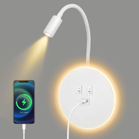 1 lampe de lecture LED, col de cygne réglable, applique murale avec port USB, pour chevet ou bureau