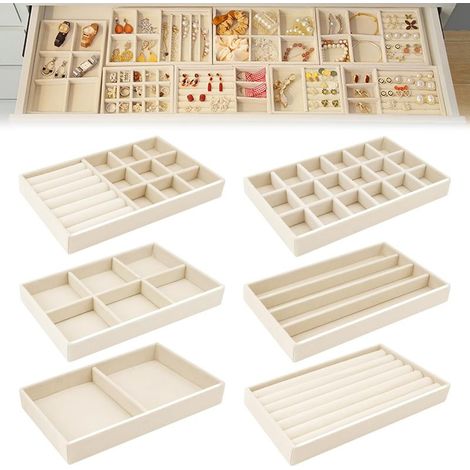 6 Plateaux Bijoux Velours, Plateau Bijoux pour Tiroir Peut Stocker/Afficher des Bijoux, Rangements Bijoux Tiroir a 6 Styles Différentes, Plateau Rangement Bijoux pour Bague/Collier/Bracelet (Beige) (1/5)