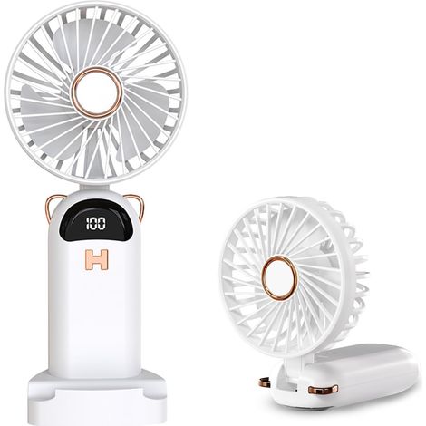 Mini Ventilateur Portable, Petit Ventilateur de Poche 5 Viteses avec Base, Ventilateurs Rechargeables USB de Poche pour Voyage, Bureau et Maison, Blanc