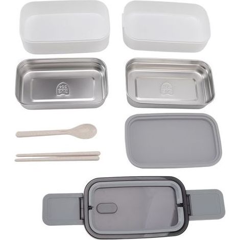 Lot en acier inoxydable 304 micro-ondable, boîte bento double couche avec baguettes et cuillère, compartimenté pour repas adulte au travail. (1/5)