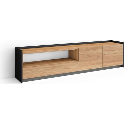 Skraut Home - Mueble TV, Televisión, Muebles de salón, almacenaje, 207x37x50cm, Para TV hasta 80", LED, Estilo Moderno, Roble y negro (1/5)