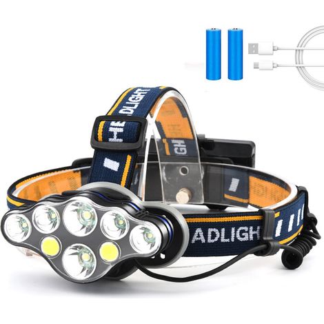 Lampe Frontale,Torche Frontale 8 LED 8 Modes d'éclairage, Lampe Frontale LED Ultra Puissante Rechargeable USB 90° Réglable Étanche et Léger Pour Pêche,Camping,Lecture,Randonnée (1/5)